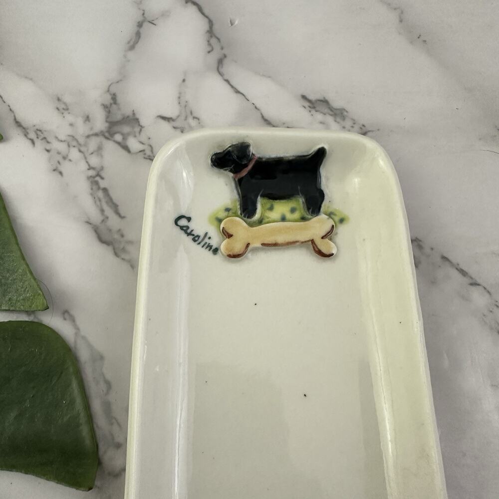 The Porcelain Pasture Black Dog Trinket Dish Ring Tray White Bone Caroline Puppy - Picture 2 of 5